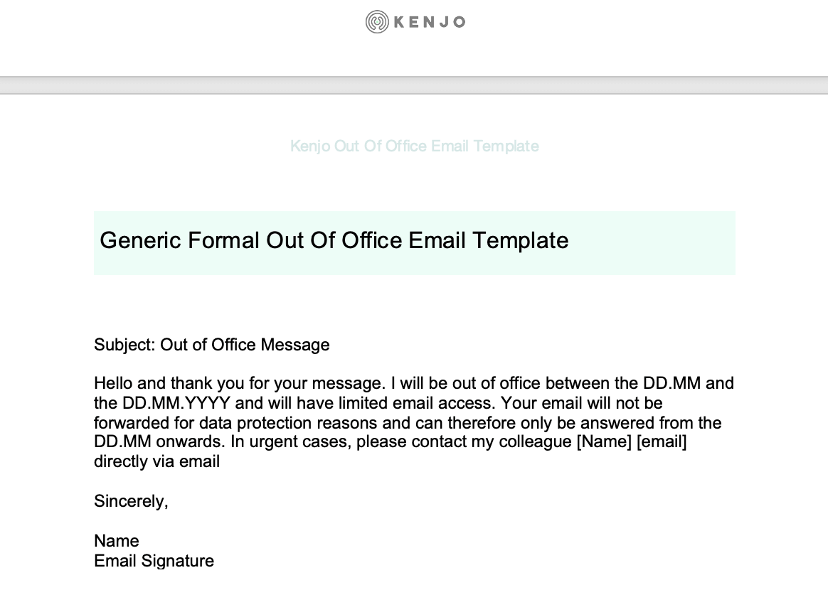 Standard Out Of Office Email Template